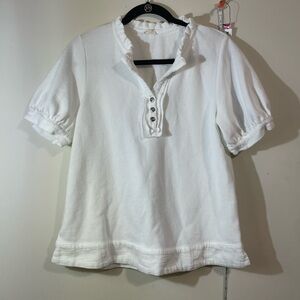 Jodifl White shirt Women’s Small ruffle collar‎ 3/4 button V-neck shirt sleeve
